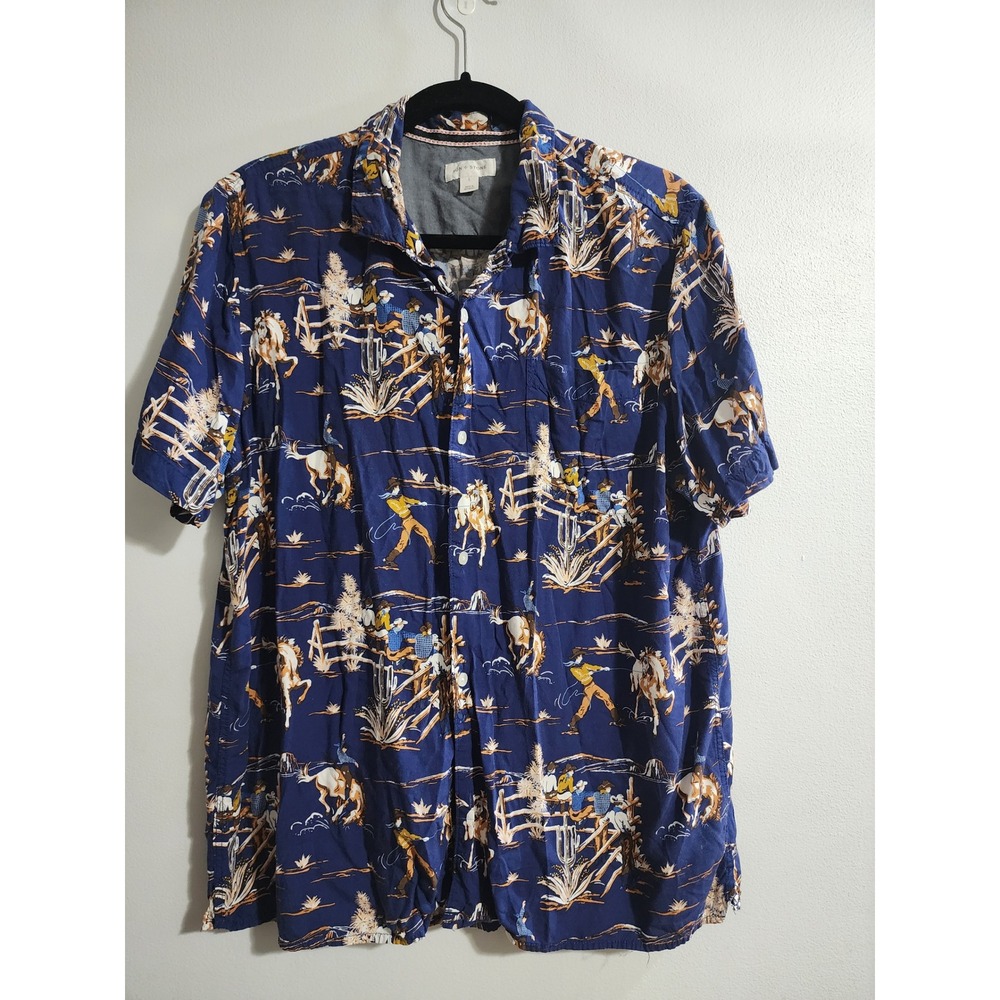 Sun + Stone Mens Western Cowboy Rodeo Print Rayon Short Sleeve Shirt Blue Large